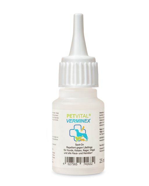 Spot-On-Flasche PETVITAL Verminex, Produktaufnahme auf Reinweiß